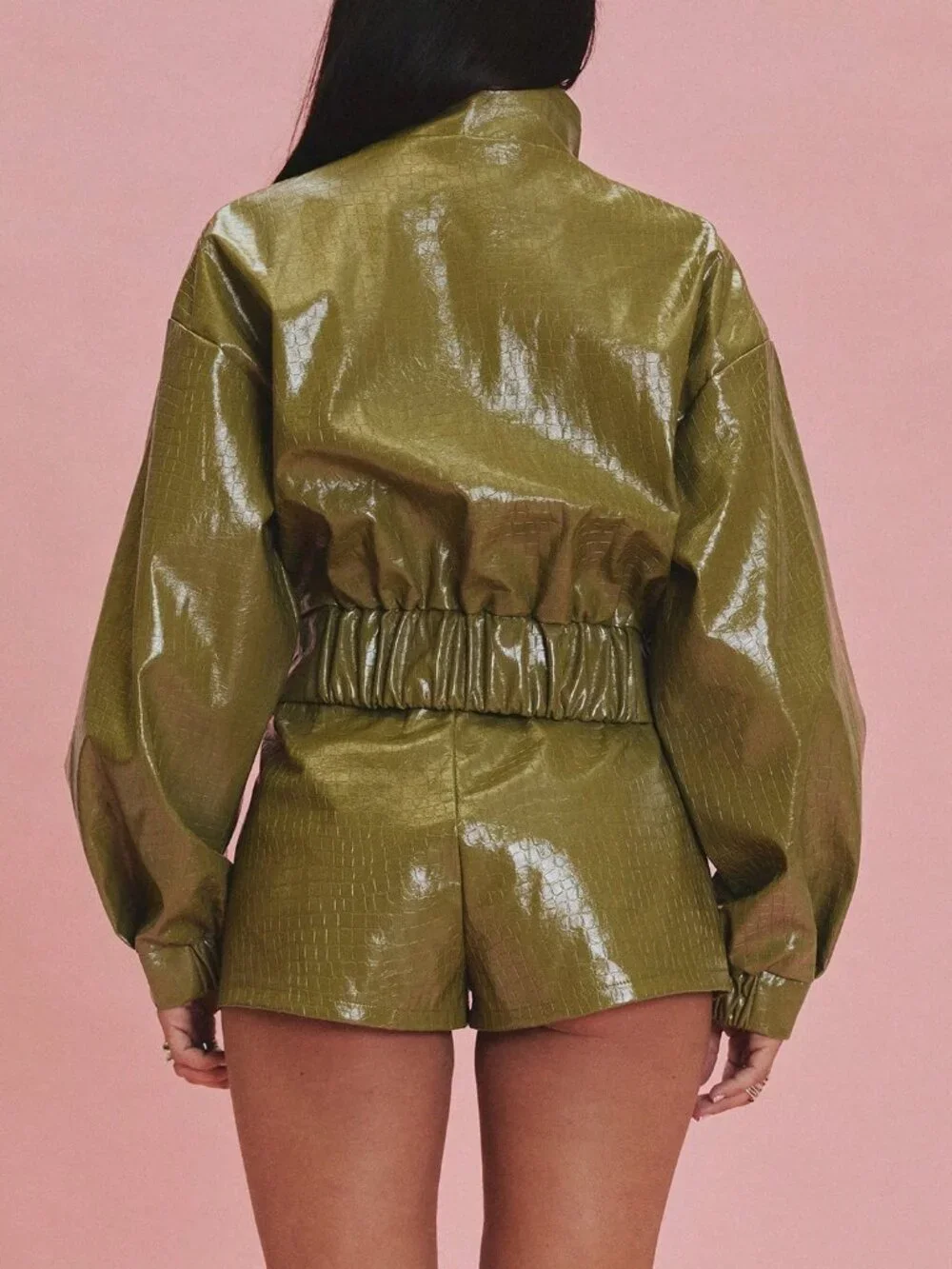 Green Casual Women's Funnel Neck Bomber Jacket
